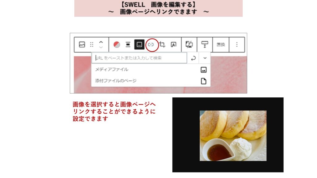 Wordpressテーマ　SWELL　画像をはりつける　画像ページへリンクできます